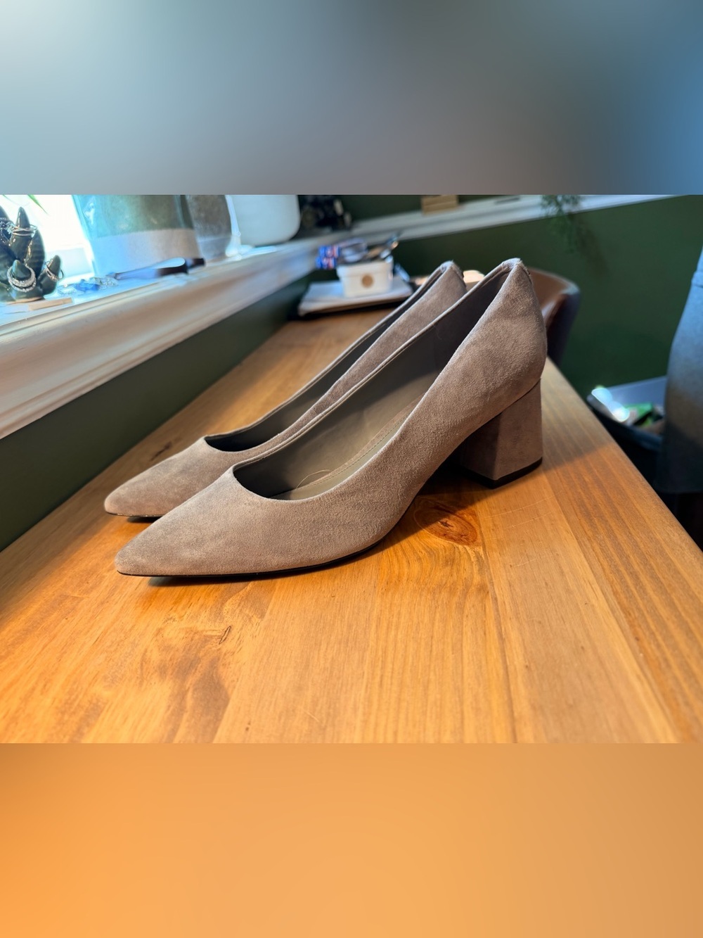 Calvin Klein Taupe/Grey Suede Pointed Block Heel Pumps